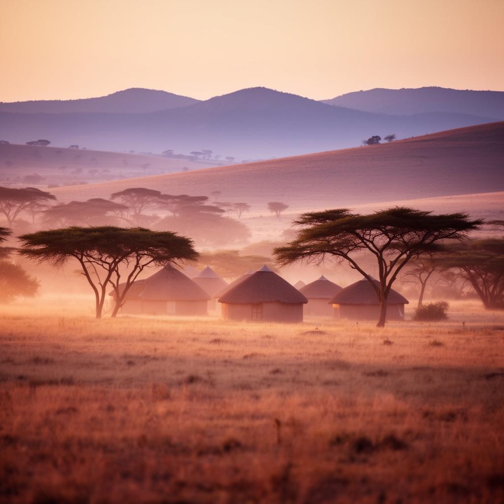 Warm golden-hour African village landscape with acacia trees and rondavel huts